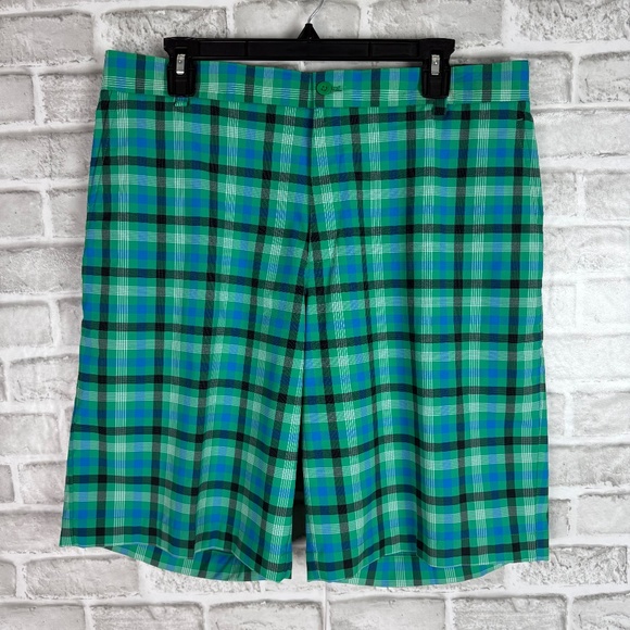 NIKE Golf Dri-Fit Core Vibrant Green Plaid Casual Golf Shorts Mens 36 x 11" Seam - Picture 1 of 8